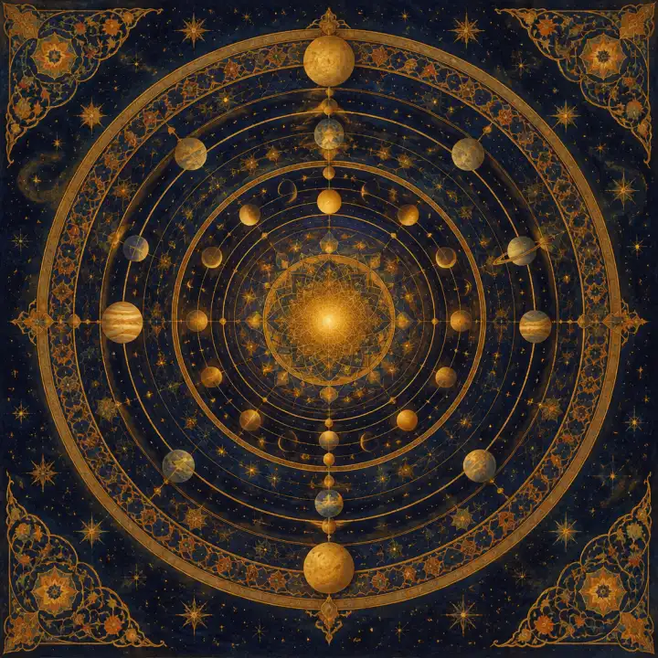 A circular Ibn ʿArabī cosmological diagram of concentric celestial spheres