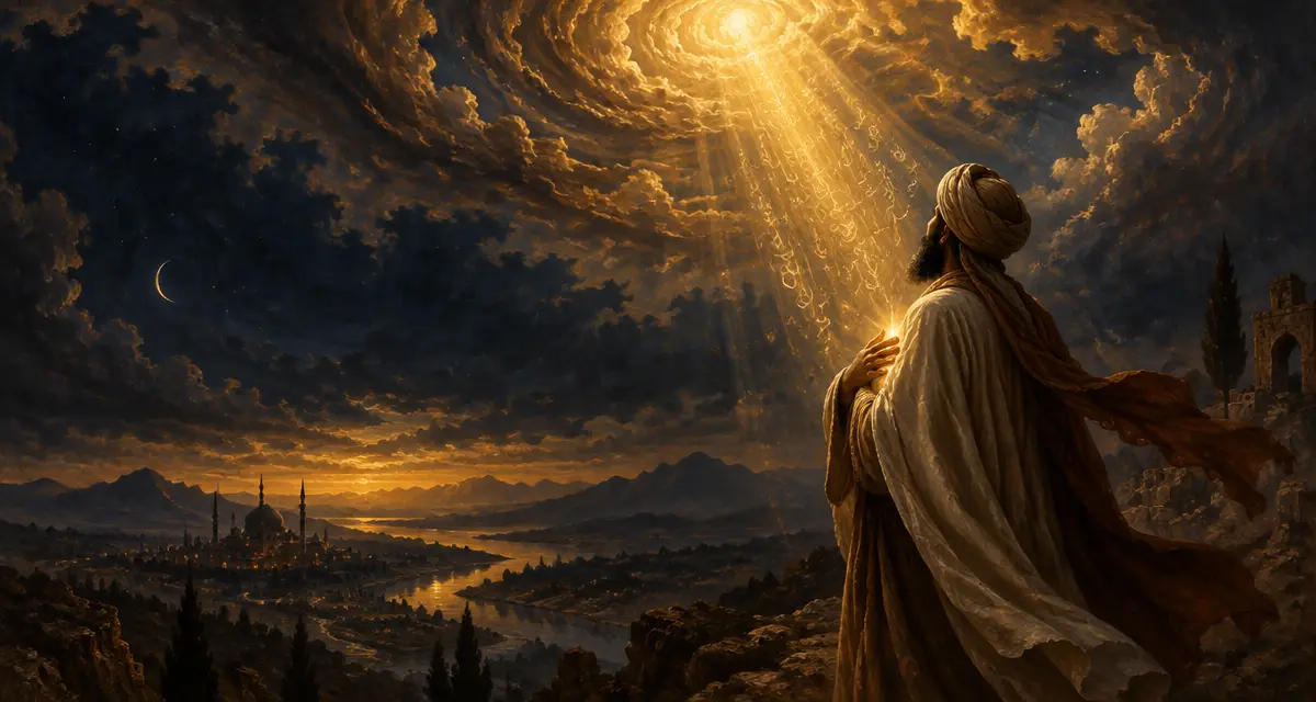 A Sufi wayfarer with his hand over his heart, golden light streaming down from the heavens