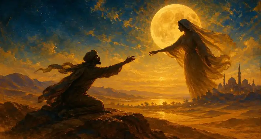A kneeling wayfarer reaching toward a veiled beloved beneath a full moon