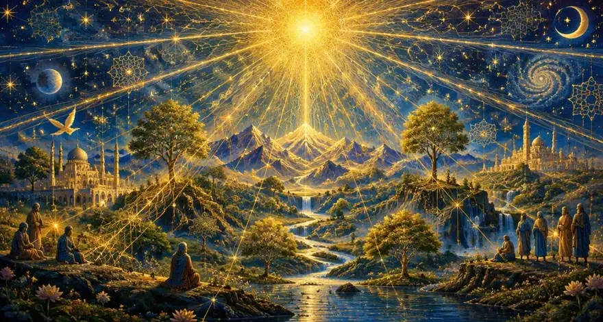 A single radiant light manifesting as stars, mountains, trees and people — the unity of all being
