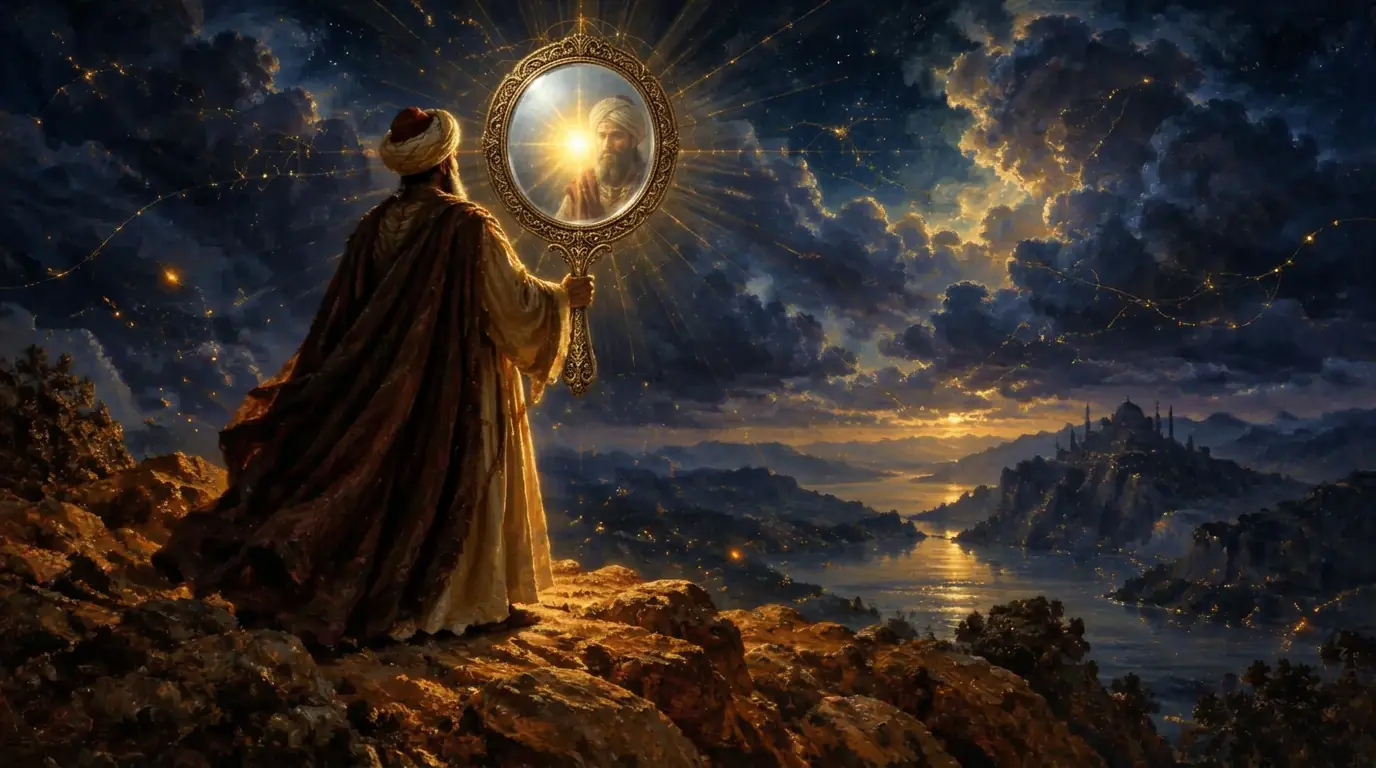 A wayfarer holding up a round mirror in which golden light and his own face are reflected — knowing the self to know the Divine