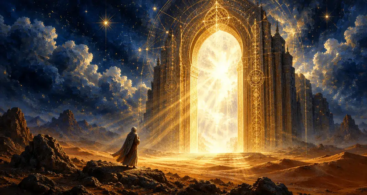 A wayfarer standing before a vast divine gate of golden light rising from the desert night